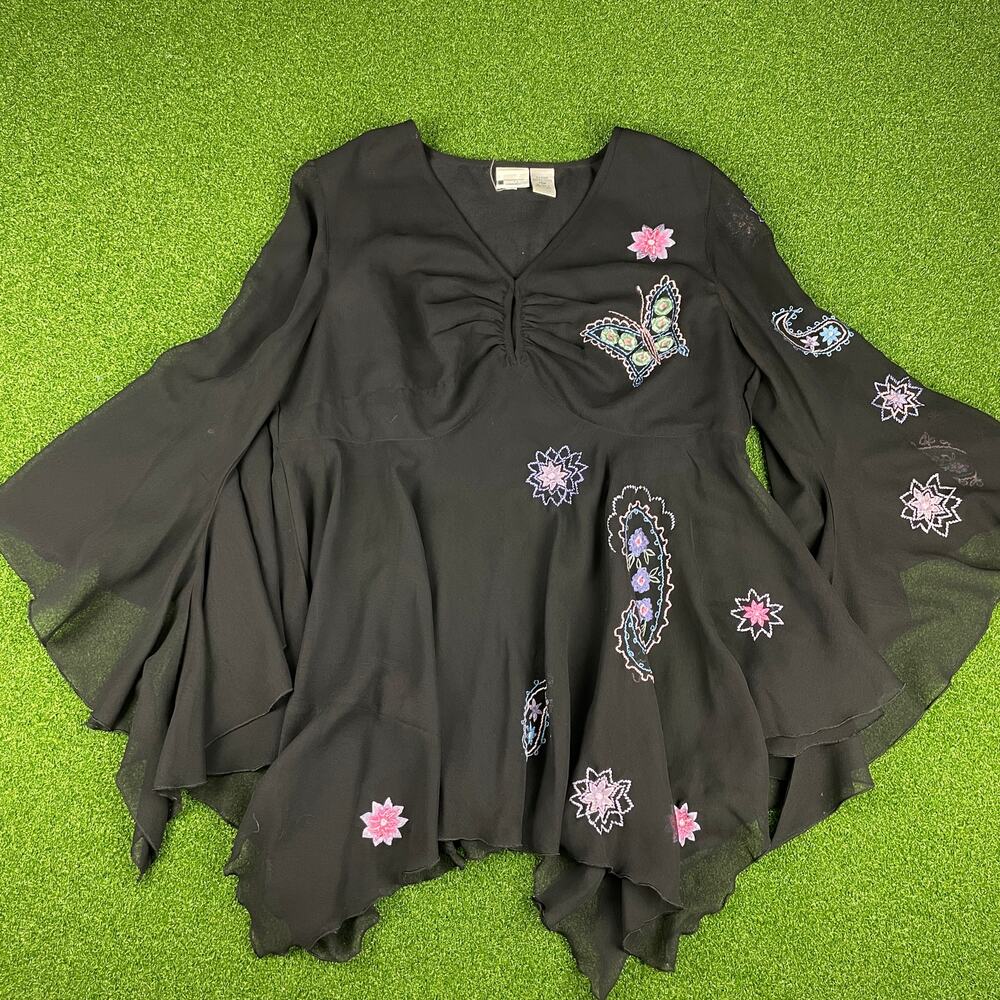 Vintage Y2K Roaman's Black Angel Cut Butterfly & Floral Embroidered Blouse Sz 14